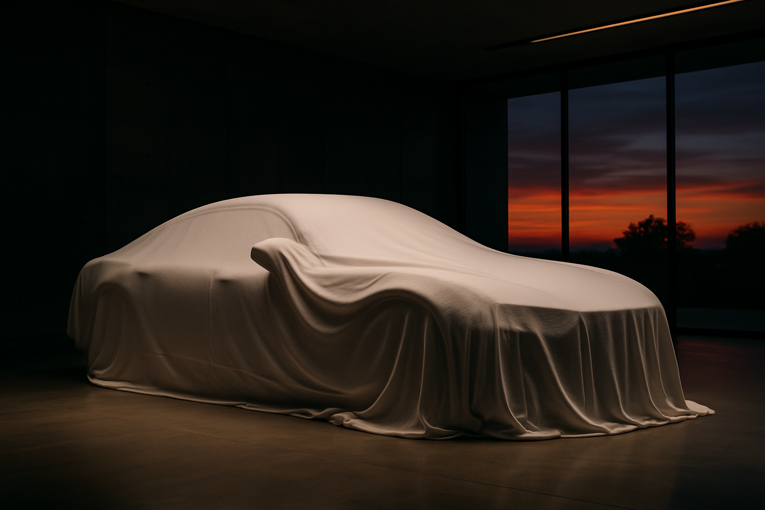 a car covered in wrapped cloth hiding which car it is. use a nice background.