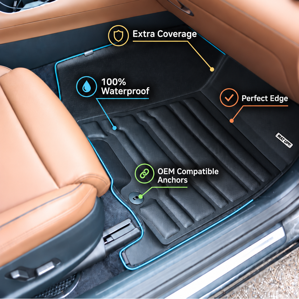 Mat Up! floor mat features: extra coverage, 100% waterproof, perfect edge and OEM-compatible anchors