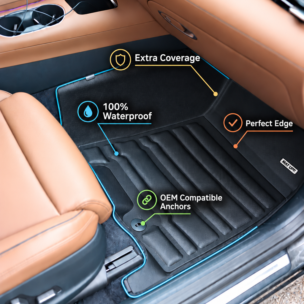 Mat Up! floor mat features: extra coverage, 100% waterproof, perfect edge and OEM-compatible anchors